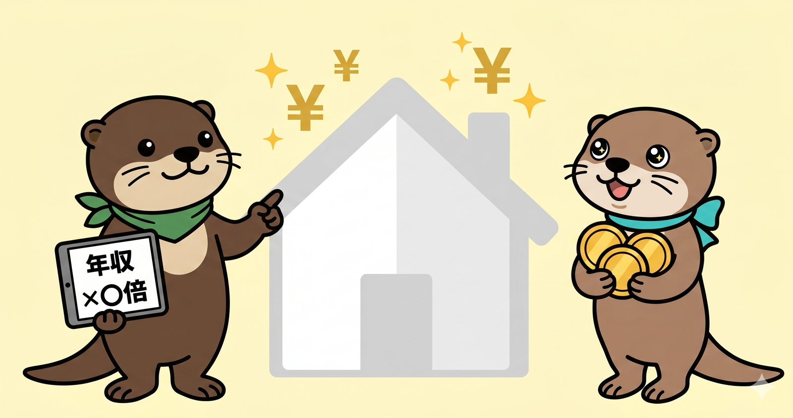 ナビとミントが家の前に立ってローン計算をしているイラスト